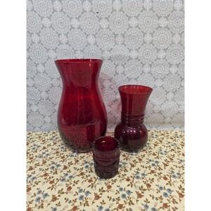 Ruby Red Glass Vase Candle Holder Set of 3 Bud Vases Home Decor‎ Floral Accent